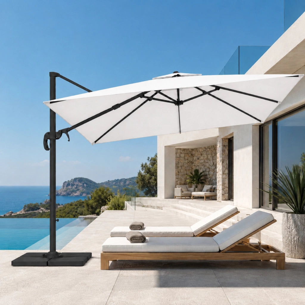 Ombrellone 3x4 M Con Braccio Retrattile Per Giardino Esterni Piscina Gazebo Terrazze Bar Hotel Struttura In Acciaio Inossidabile Braccio Girevole 360° Telo 180 g/m2 Impermeabile Resistente Ai Raggi UV Bianco