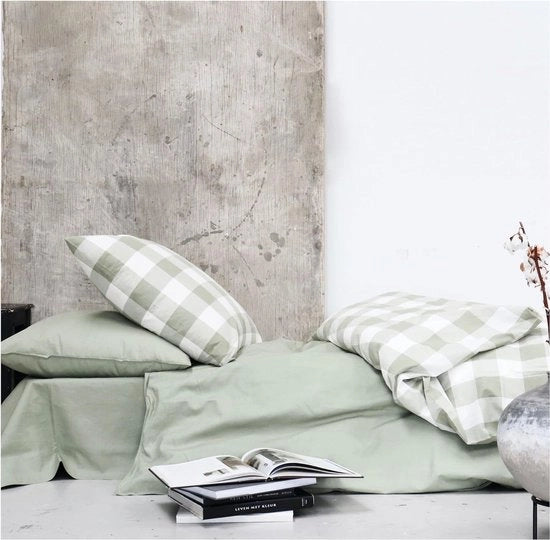 Lenzuola di ricamo 135 x 200 cm con chiusura a righello (1 pezzo), cuscino 80 x 80 cm, tessuto letto ultra soffice e lussuoso, tessuto letto biologico ricamato, cotone, verde/naturale bianco