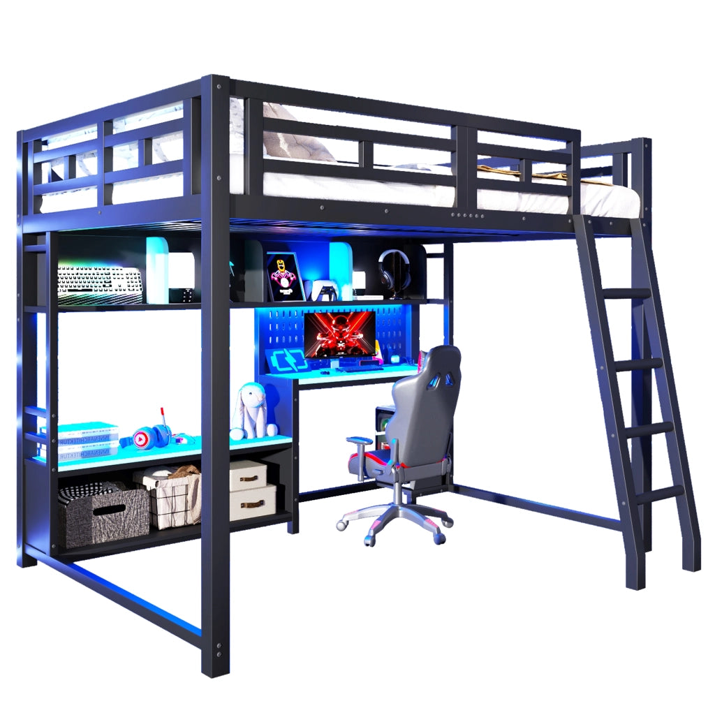 Letto a soppalco 140 × 200 cm con scrivania LED RGB e ripiani in metallo e MDF nero per studio e gioco