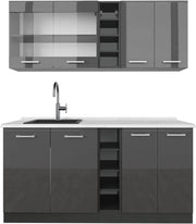 Cucina completa R-Line, Antracite lucido/antracite, 160 cm, PL Marmo, adatto per l'espansione individuale con moduli aggiuntivi