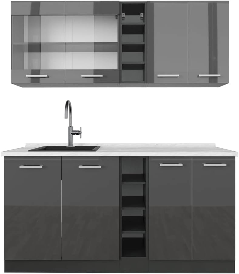 Cucina completa R-Line, Antracite lucido/antracite, 160 cm, PL Marmo, adatto per l'espansione individuale con moduli aggiuntivi