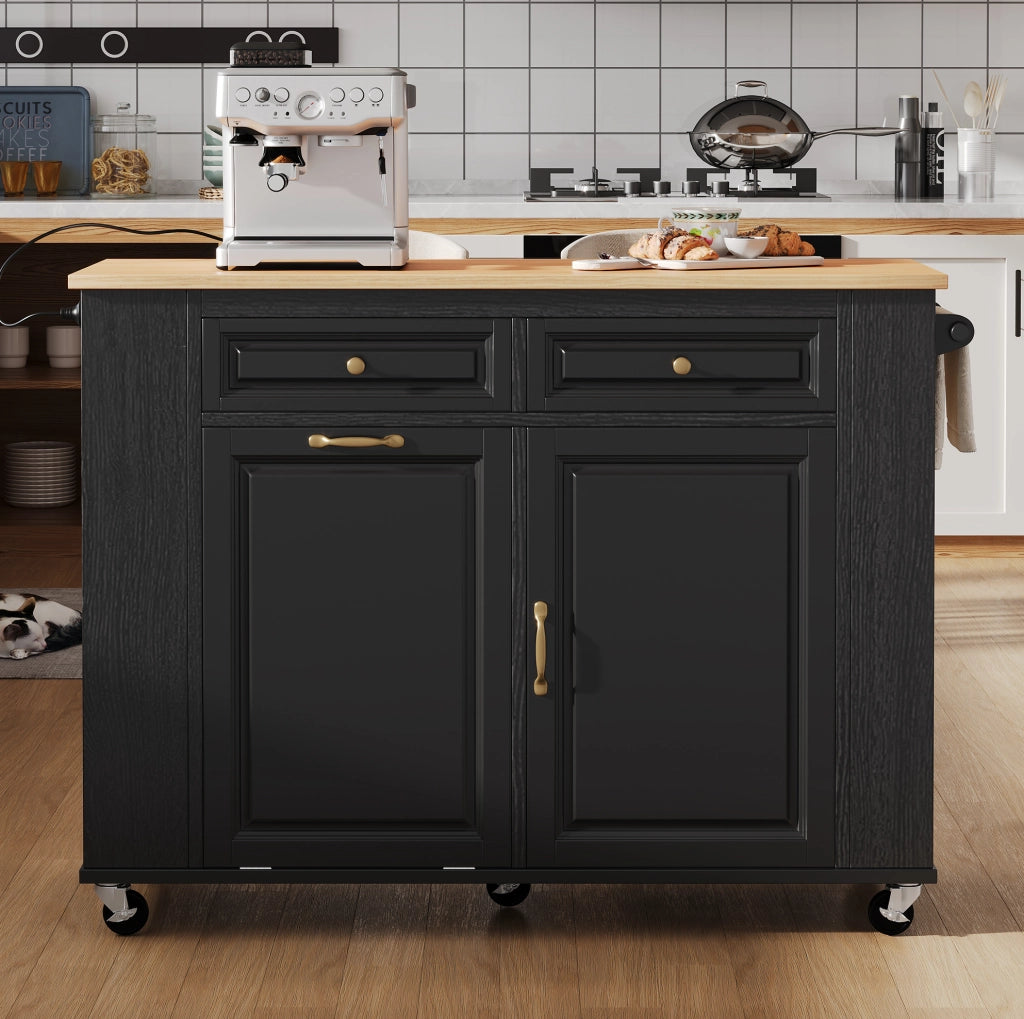 Isola da cucina 120x40-70x92 cm con piano ribaltabile e prese; in MDF e PB; nero naturale