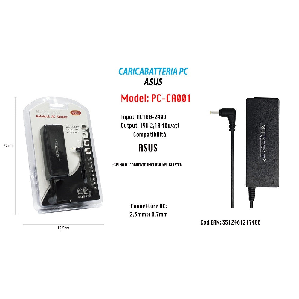 Trade Shop - Caricabatteria Pc Asus Alimentatore Batteria Di Ricambio 19v 2,1a 40w Maxtech Pc-ca001 -