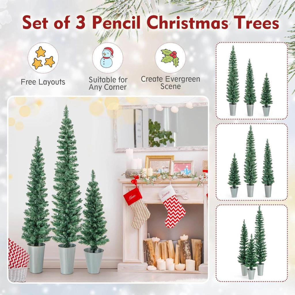 Set di 3 Albero di Natale Artificiale in Vaso con Alberi Finti da 90/120/150 cm, Alberi di Natale Sottili a Matita con Secchi in Metallo Argentato, Decorazione Festiva (Verde)