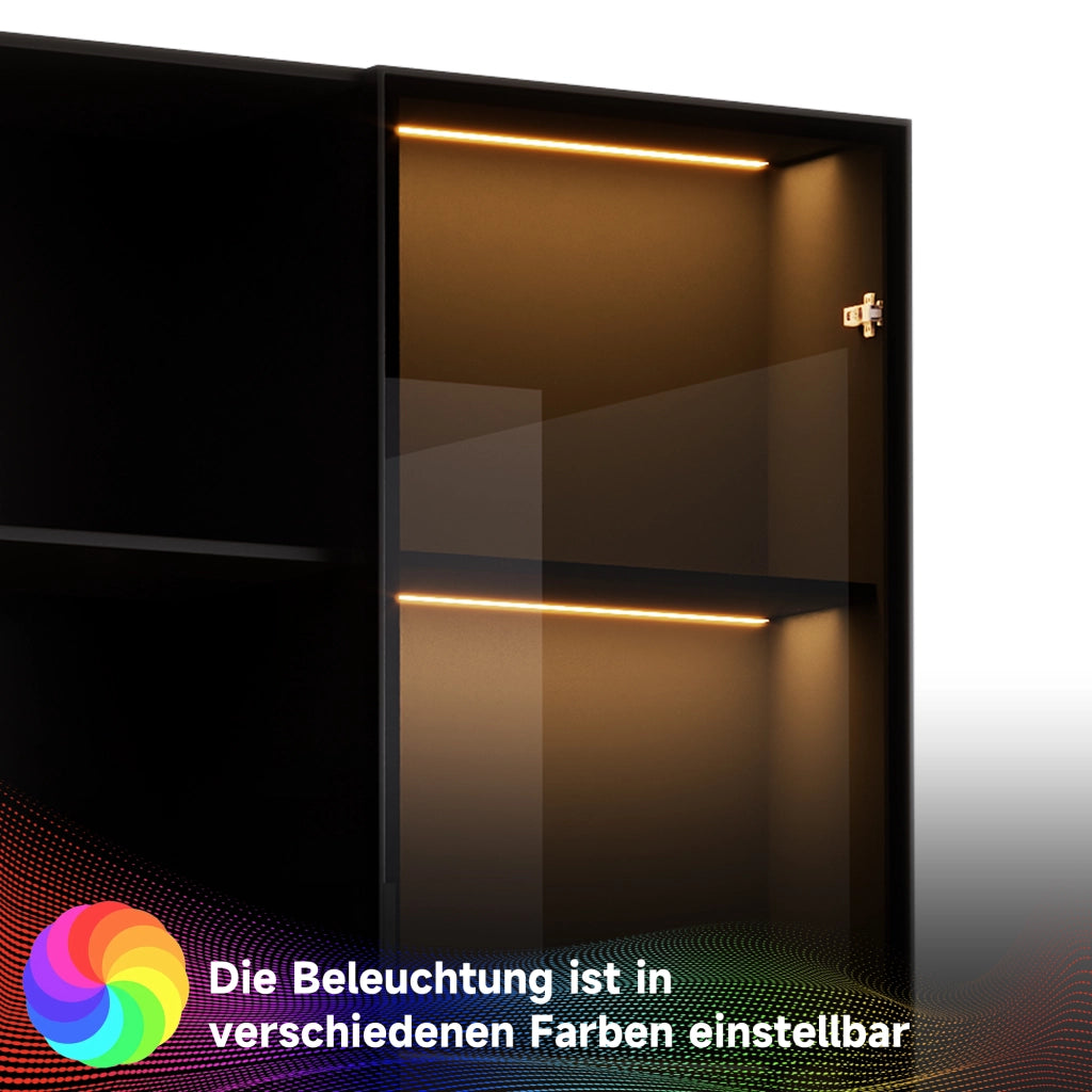 Libreria vetrina con LED e 3 cassetti, con 3 vani aperti e porta in vetro temperato, nero, 80 × 40 × 160 cm