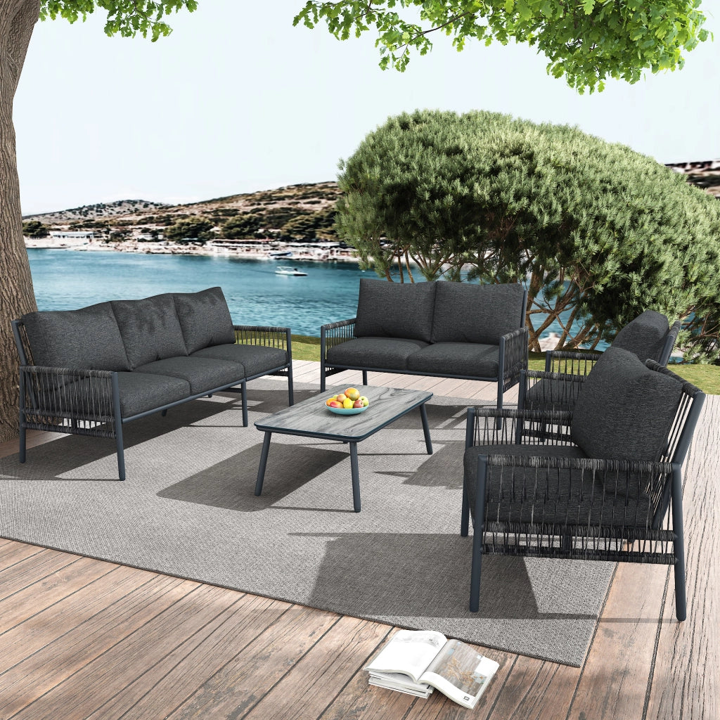 Set Divano da Giardino 7 Posti con Tavolino ¨C MINIMAL ¨C Polyrattan Grigio, Vetro, Cuscini Rimovibili