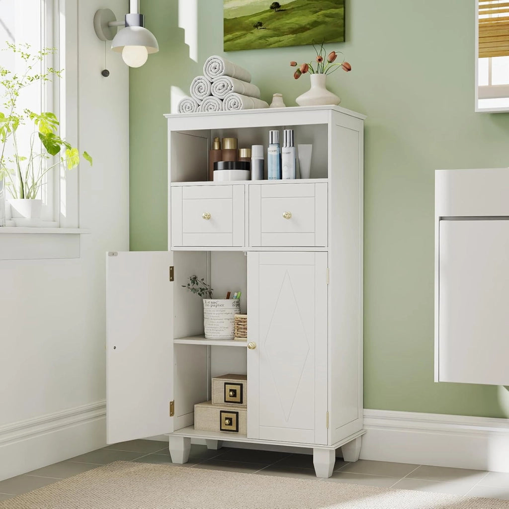 Armadietto da bagno da 108 cm, autoportante con 2 cassetti, ripiano regolabile e ripiano aperto, 56 x 30 cm, per lavanderia e ingresso (bianco)