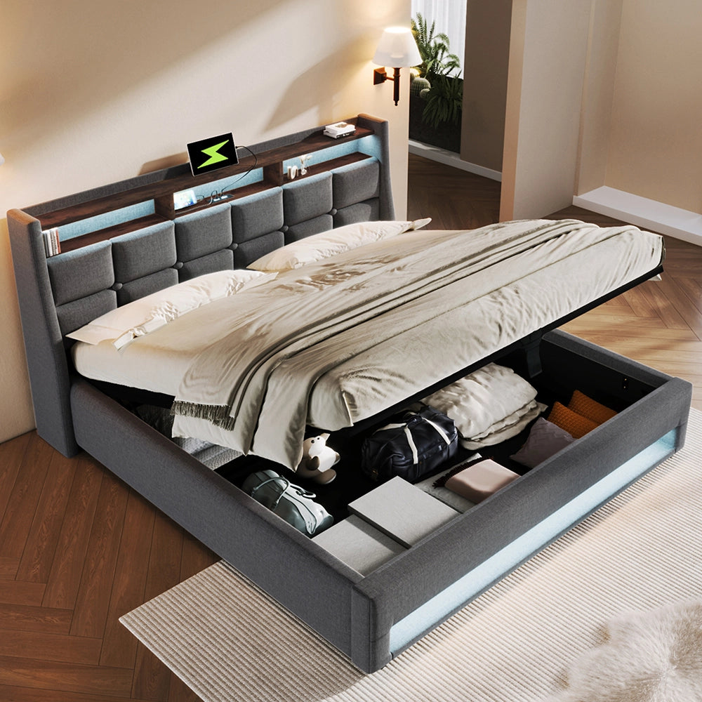Letto a cassettoni imbottito - Xylo - 160x200 cm - Grigio - USB LED per adolescenti