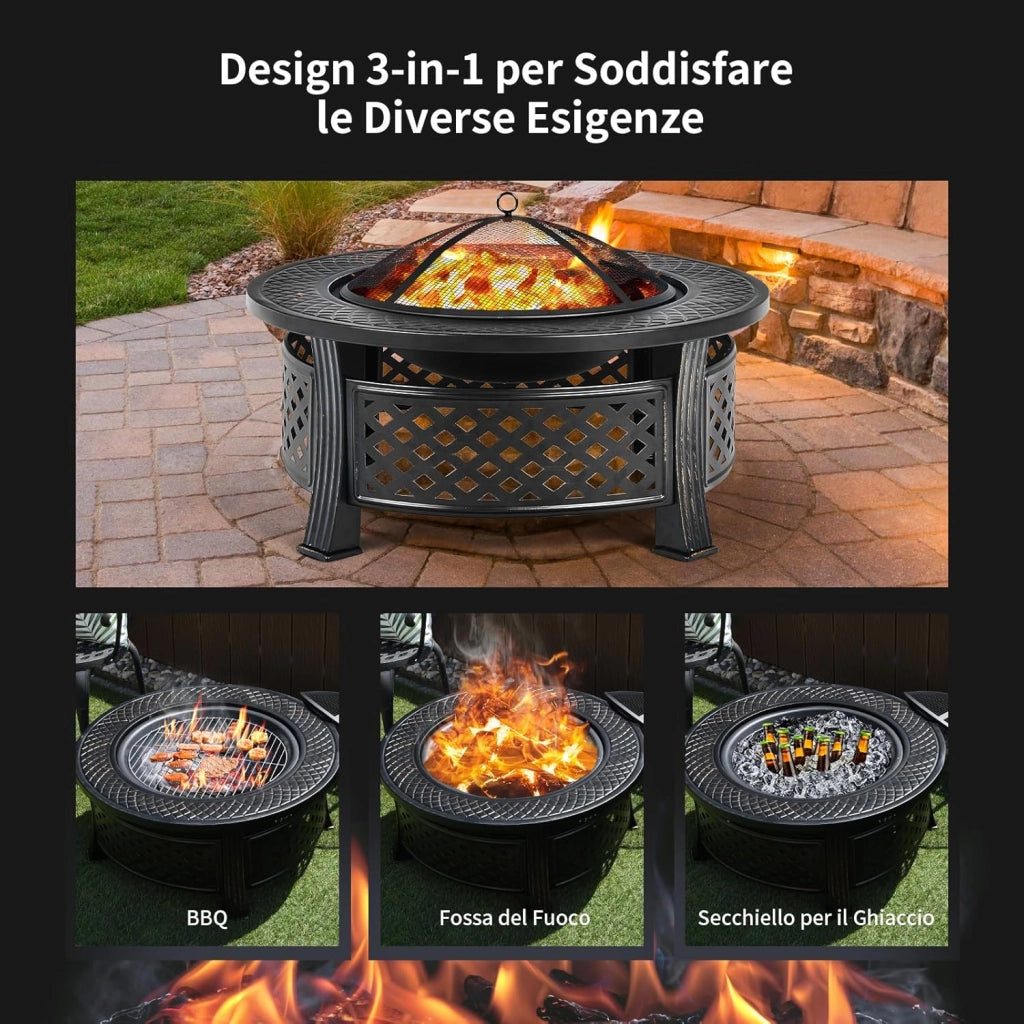 Braciere da Giardino, 3 in 1 Braciere da Esterno con Copertura Protettiva, Copertura Antipioggia e Attizzatoio, Diametro: 50 cm, per Campeggio, Cortile, Patio