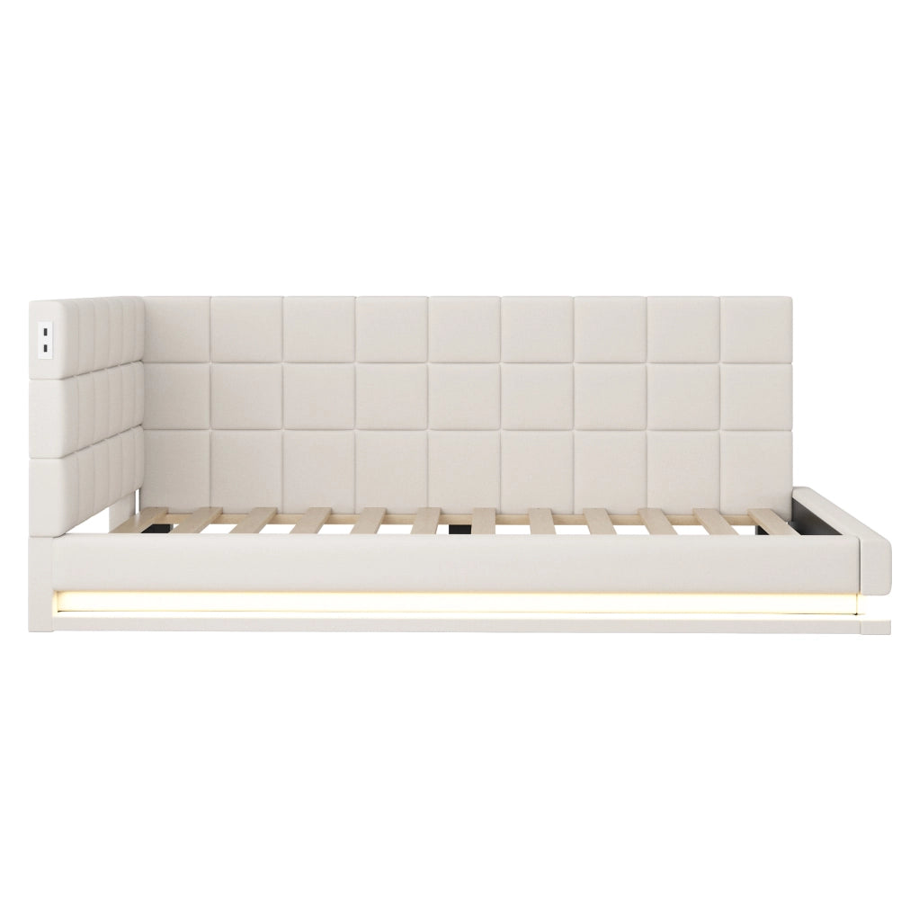 Divano letto imbottito 90x200 cm con LED, USB e rete a doghe
