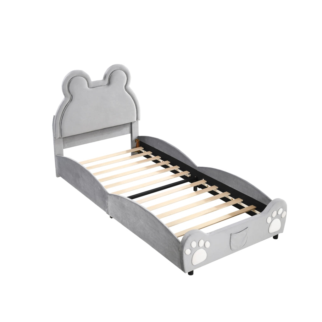 OKWISH Letto Bambino 90×200 cm, Letto Singolo con Testiera a Forma di Orso e Rivestimento in Velluto, senza Materasso, Grigio
