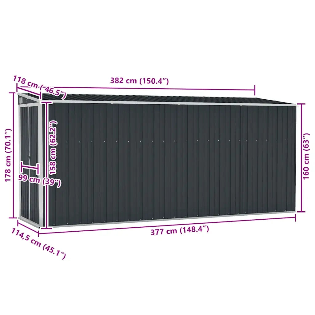 Capanno da Giardino a Parete Antracite 118x382x178 cm Acciaio 316231