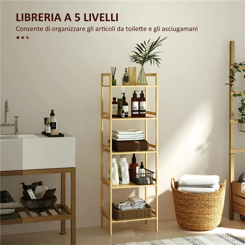 SCAFFALE BAGNO A 5 RIPIANI REGOLABILI IN ALTEZZA IN BAMBÙ 43.5X31.5X142 CM LEGNO NATURALE
