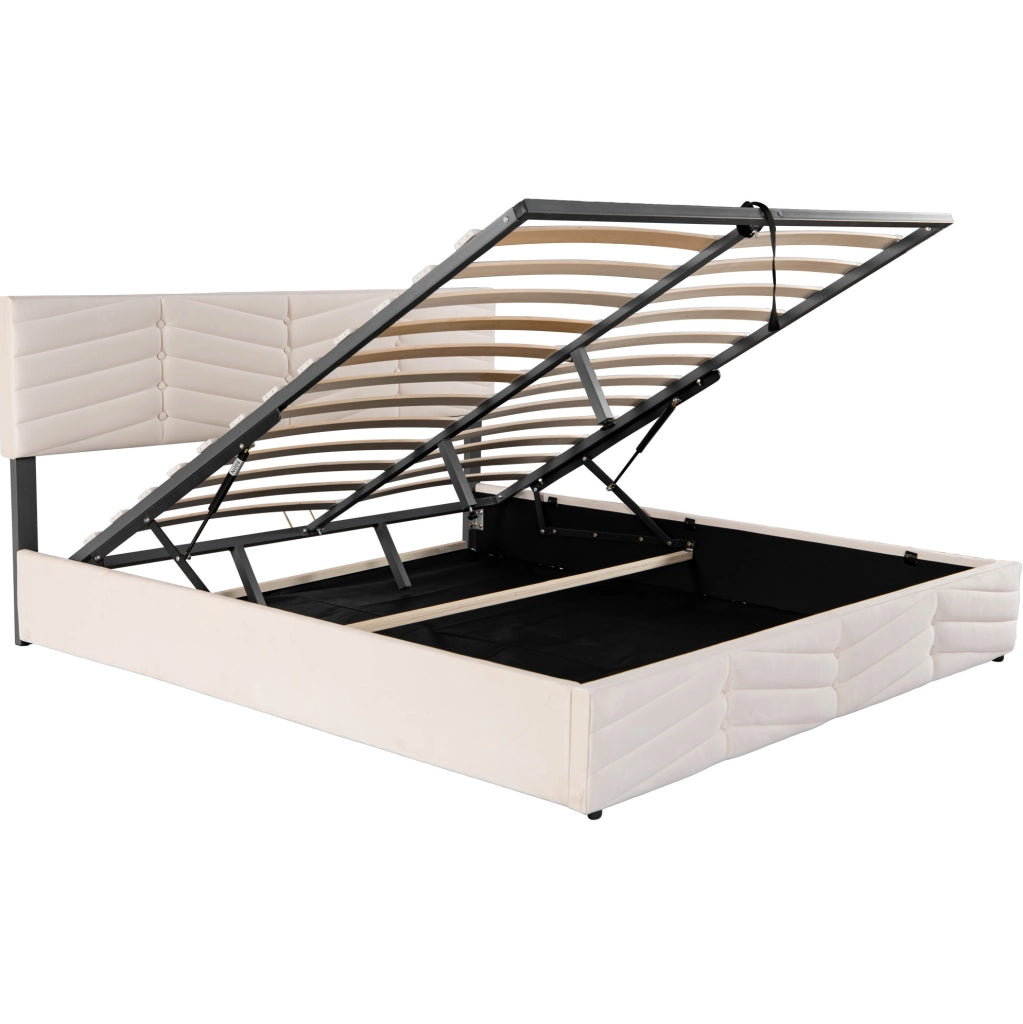Letto matrimoniale imbottito con contenitore idraulico 160x200 cm in velluto beige