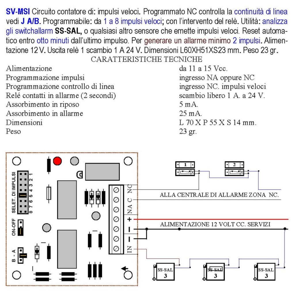 Circuito Conta Impulsi Veloci Per Sensore Tapparella Sintap Memorizza Passaggi Controlla Continuità di Linea NC Relè Allarme Con Autoreset Attivazione Reset 7 Minuti Dall'ultimo Impulso Al. 12V As.5mA