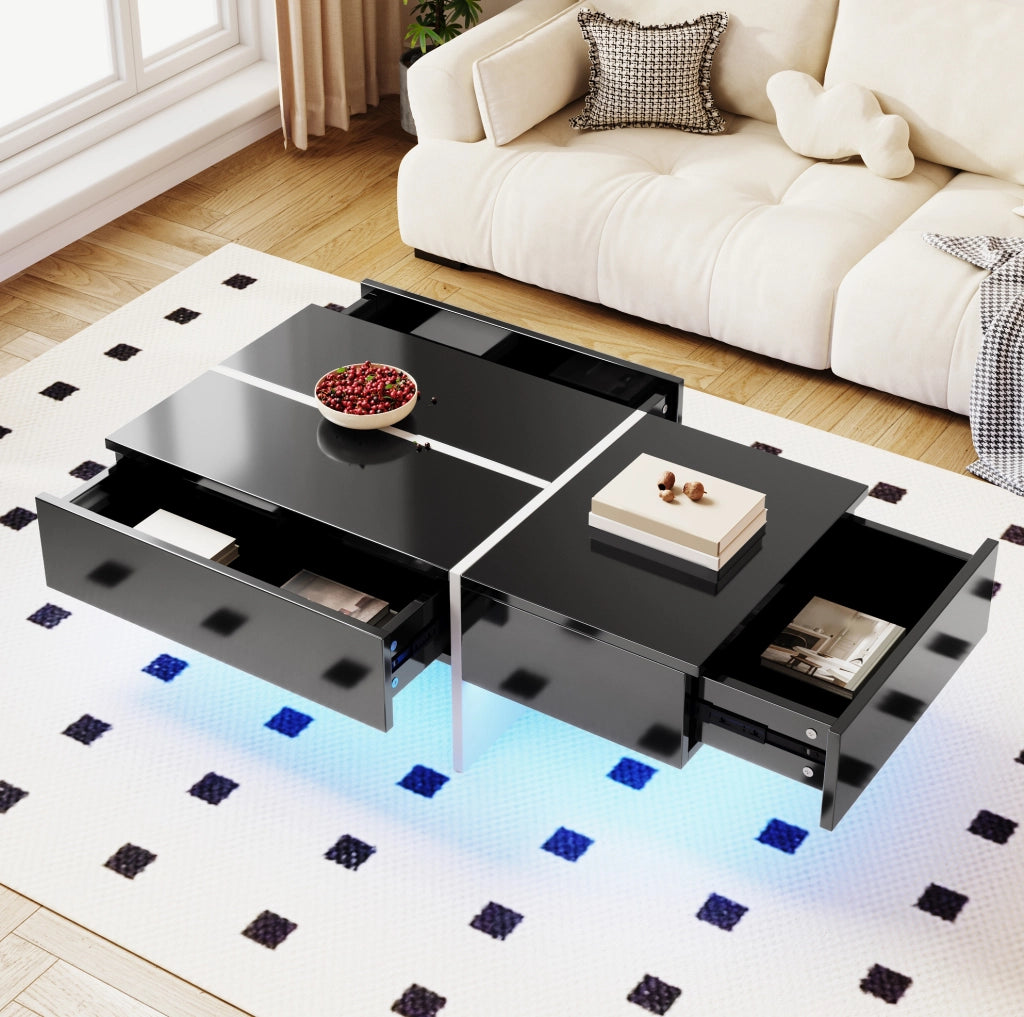 Tavolino da caffè nero lucido con LED e 3 cassetti