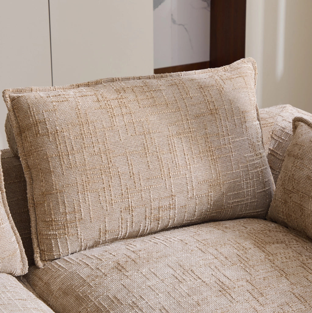 Divano modulare componibile in chenille color khaki con tasche laterali; 322 x 161 x 75 cm