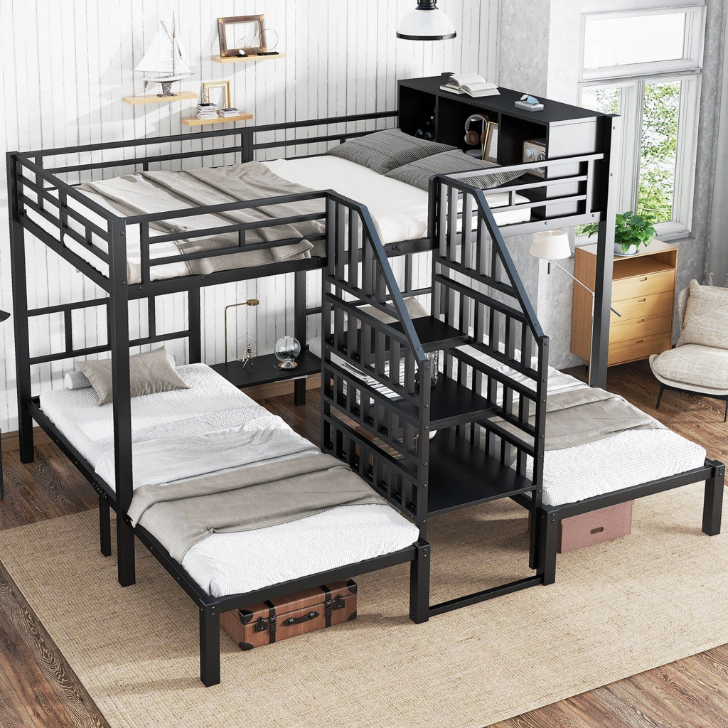 LETTO A CASTELLO 239x208x161 cm Nero in Metallo e Legno, 3 posti
