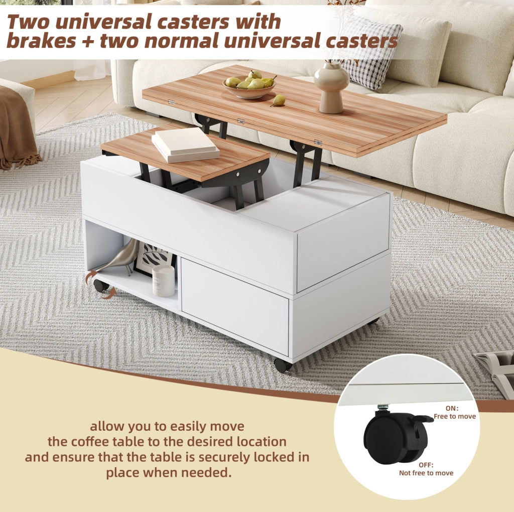 Tavolino da caffè sollevabile 100x50x52 cm con 4 ruote; 4 cassetti e piano estensibile bianco e legno