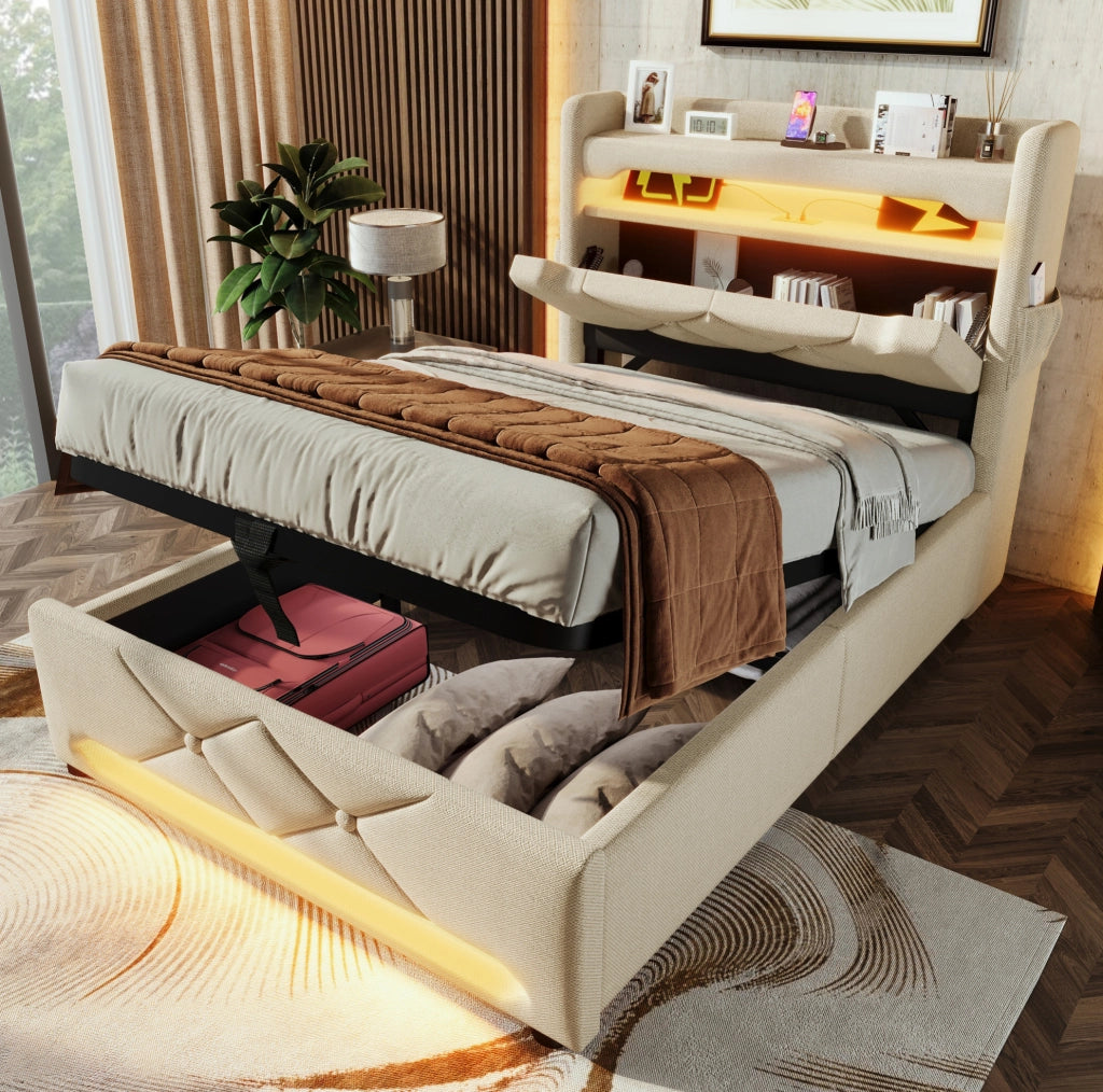 Letto singolo 90x200 cm con contenitore idraulico; LED; USB e Type-C; lino beige