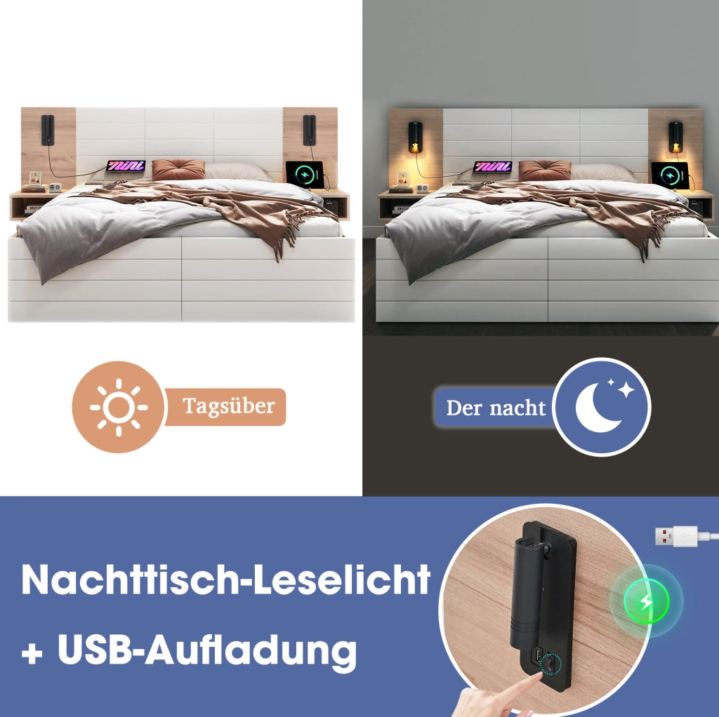 Letto matrimoniale 180x200 cm con LED lettura USB e cassetti