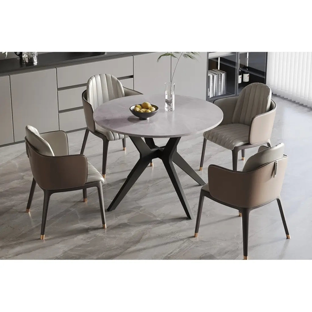 Tavolo da pranzo rotondo ARVENA – 110 cm – Piano in pietra sinterizzata – Colore grigio – Design contemporaneo e robusto