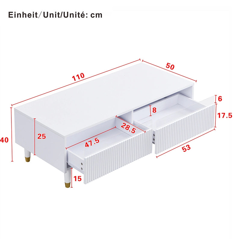 Tavolino da caffè LED bianco con 2 cassetti, 110x50x40 cm