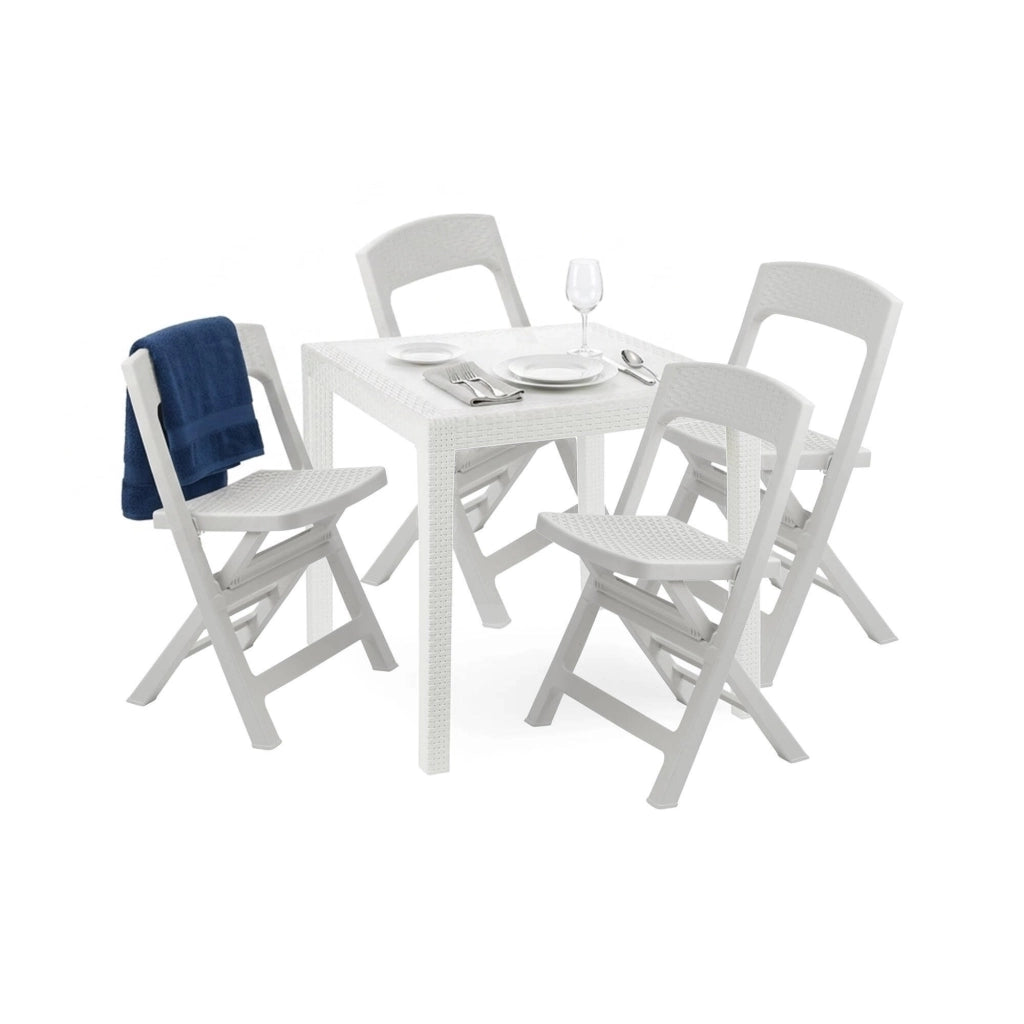 Set salotto da esterno Sanzeno, Salottino outdoor o indoor, Tavolo quadrato con 2 sedie pieghevoli, Made in Italy, Bianco