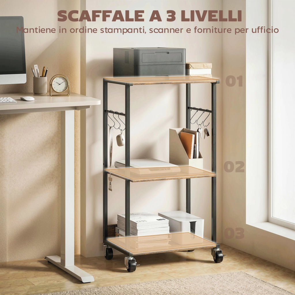 Mobile Supporto per Stampante a 3 livelli 43x30x82 cm con Ruote e Ganci in Legno e Metallo Marrone Rustico.