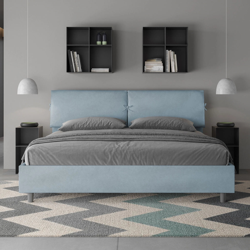 BS COM Letto matrimoniale king size senza rete imbottito 200x200 microfibra azzurro
