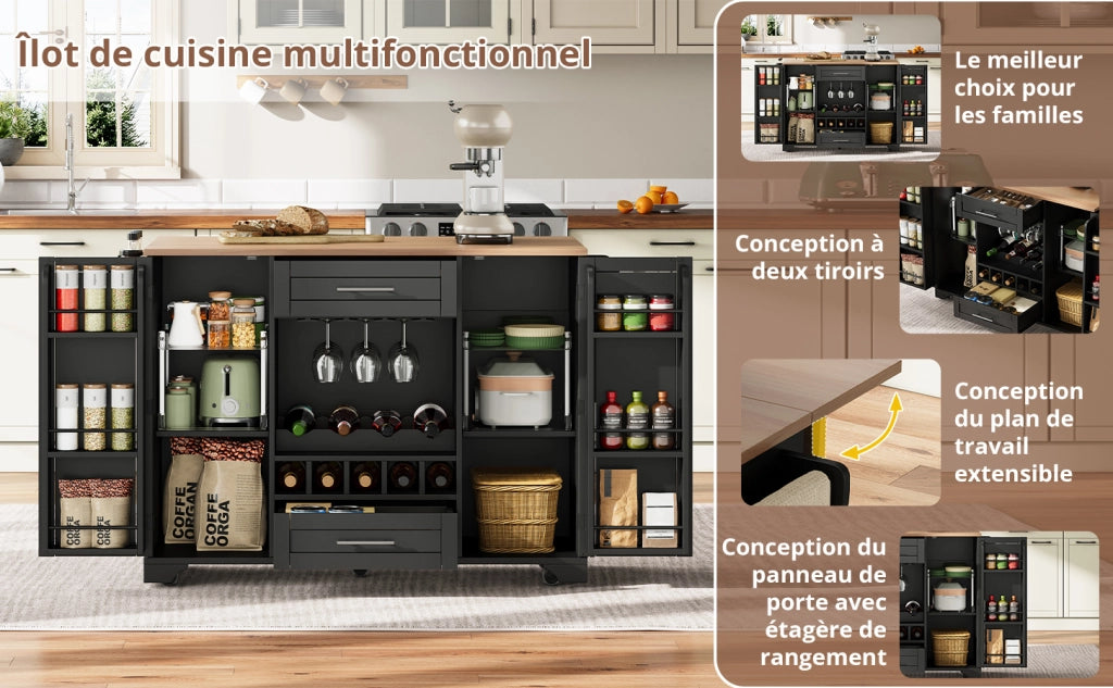 Carrello cucina con piano di lavoro ribaltabile, isola su ruote con portabottiglie, portabicchieri e porta spezie, nero