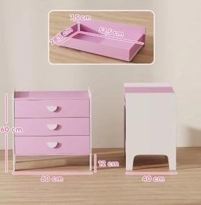 Cassettiera per bambini ULEVR 60x40x60 cm con 3 cassetti, rosa e bianco
