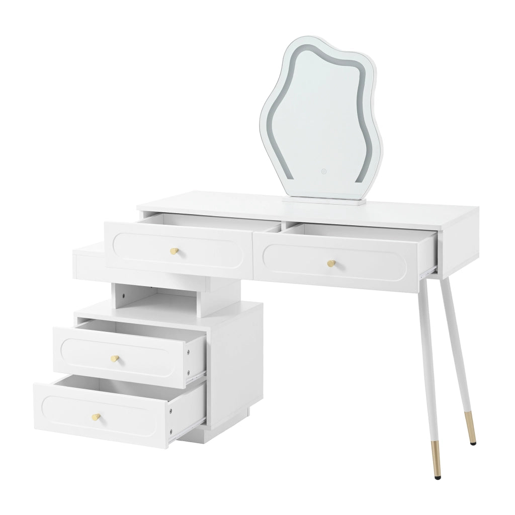 Tavolo da trucco con specchio LED, 4 cassetti e vano aperto, design salvaspazio per camera da letto, bianco, 140¡Á40¡Á130 cm