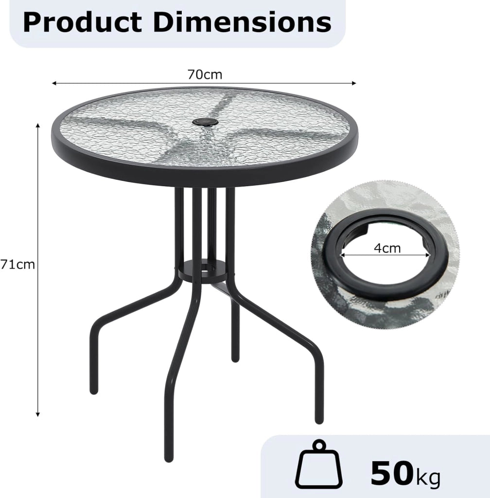 Tavolo da giardino in vetro temperato, tavolo da pranzo con foro per ombrellone, 4 cm, tavolino rotondo con telaio in metallo, per balcone, terreza, diametro 70 cm