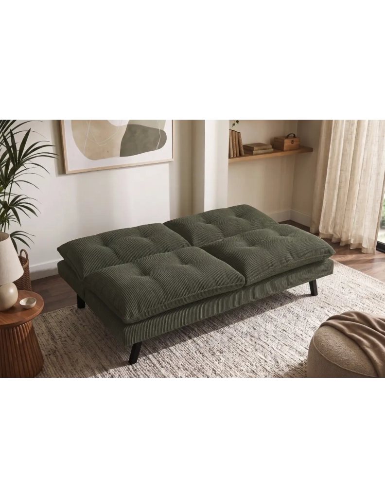 Divano letto AZENA 3 posti in tessuto a coste – Verde scuro e nero – 190 x 80 x 90 cm