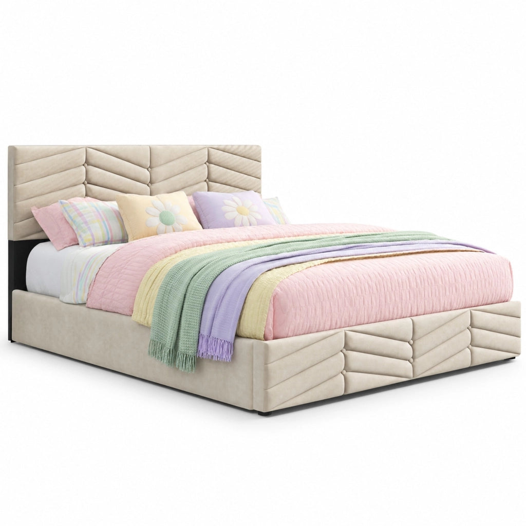 Letto imbottito 140x190 cm con rete a doghe e testiera regolabile in velluto beige