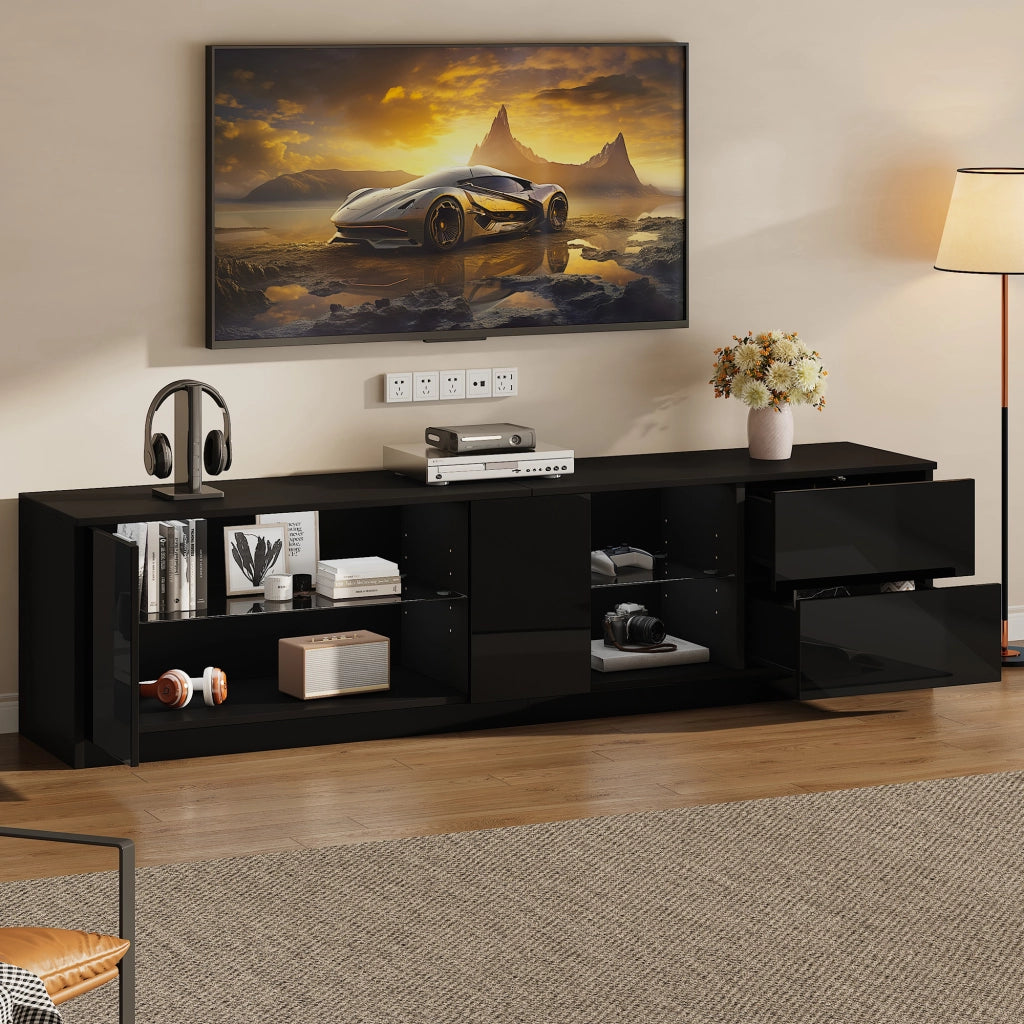 Mobile porta TV con LED, 2 cassetti e 1 anta, in MDF con ripiano in vetro temperato, per soggiorno, 160 × 40 × 52 cm