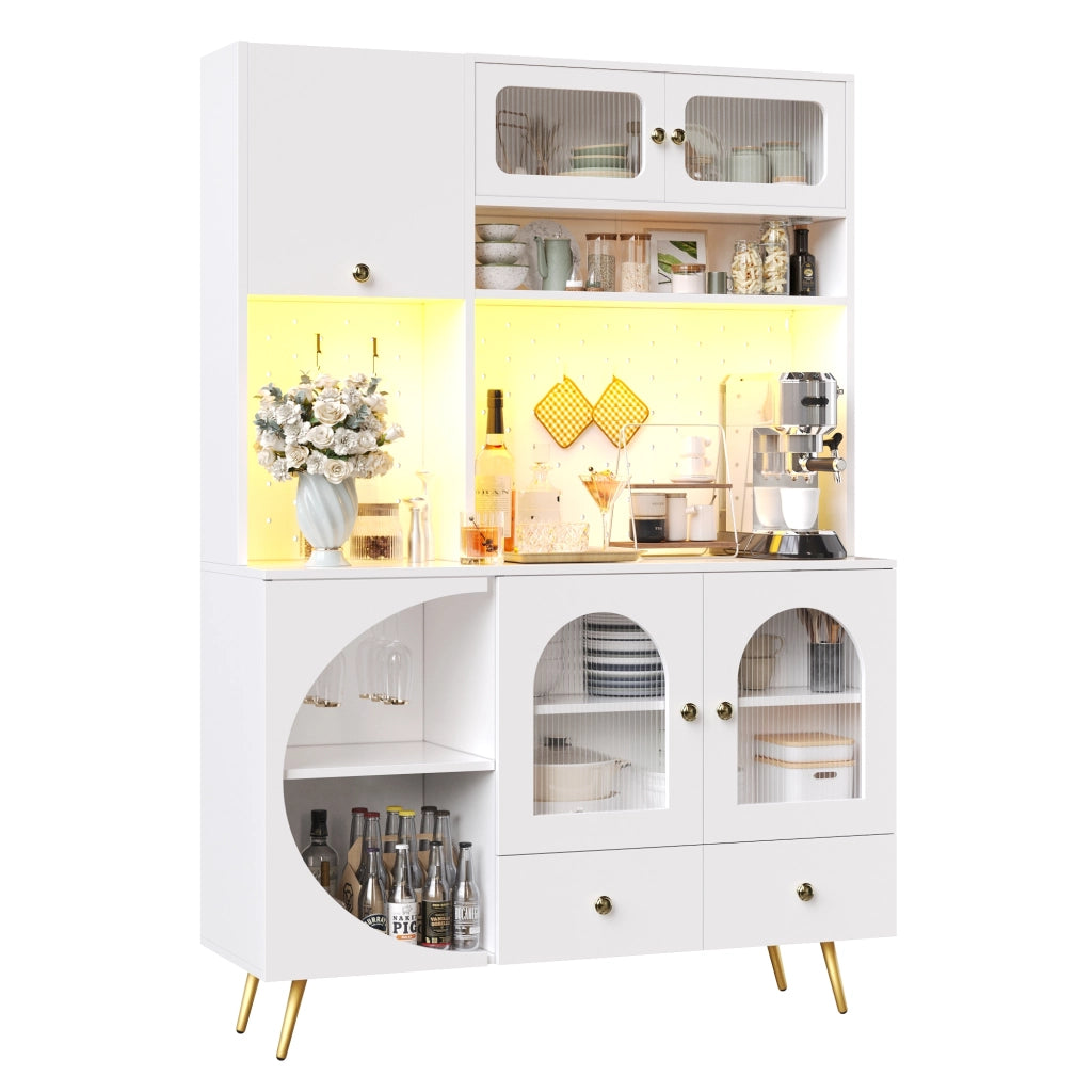 Credenza con LED, USB e Prese ¨C Xylo ¨C Bianco, Ripiani in Vetro, Cassetto, Pannello Forato