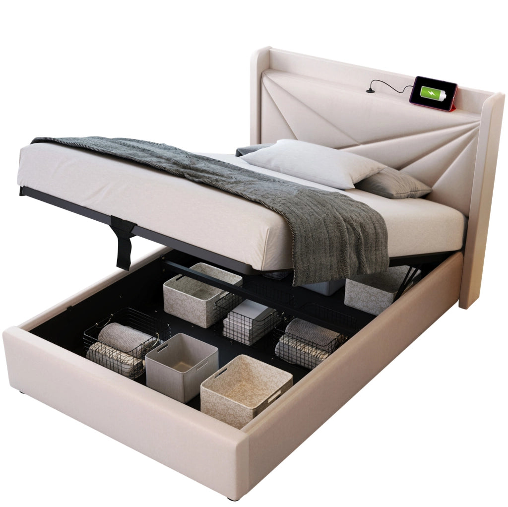 Letto imbottito 90x200 beige con contenitore, USB/Type-C e materasso H3