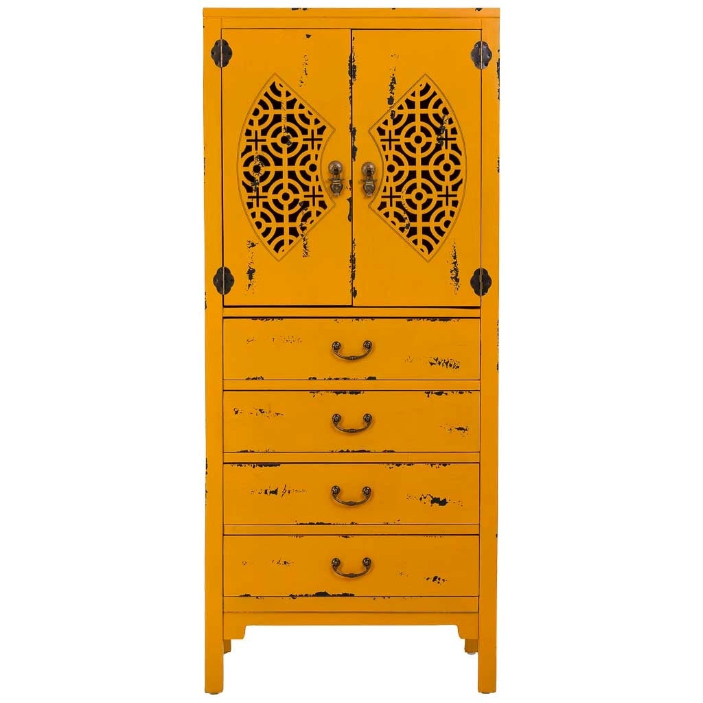 Mobiletto in legno con 4 cassetti e 2 ante, giallo, 60x40x140h cm