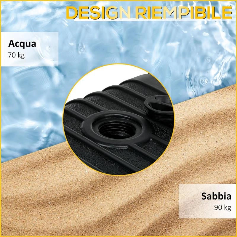BASE OMBRELLONE GIARDINO RIEMPIBILE CON ACQUA E SABBIA 70-90 KG RUOTE E MANIGLIA IN HDPE 80X60 CM NERO