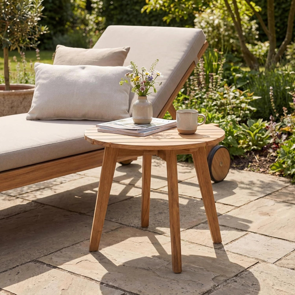 Tavolino da Esterno Rotondo in Legno Massello, Ø43 x 35 cm, Piccolo Tavolo Laterale da Balcone, Tavolino Basso da Salotto, Montaggio Facile, per Giardino, Terrazza e Soggiorno, Naturale