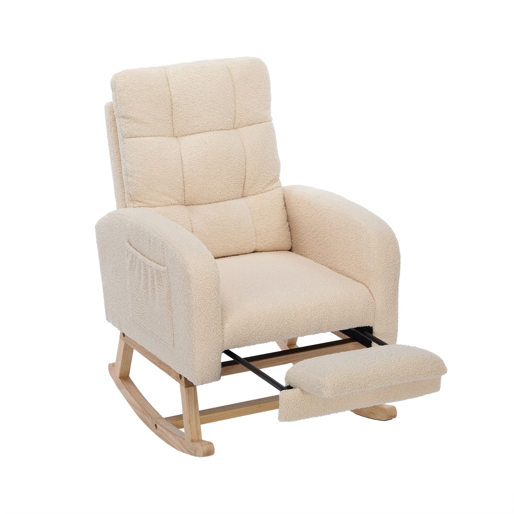 Poltrona a dondolo ergonomica con tasca laterale e schienale alto in tessuto bouclé beige per relax 132 × 50 × 99 cm