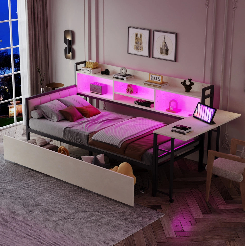 Letto singolo multifunzione 90x200 cm con LED, scrivania e cassetti