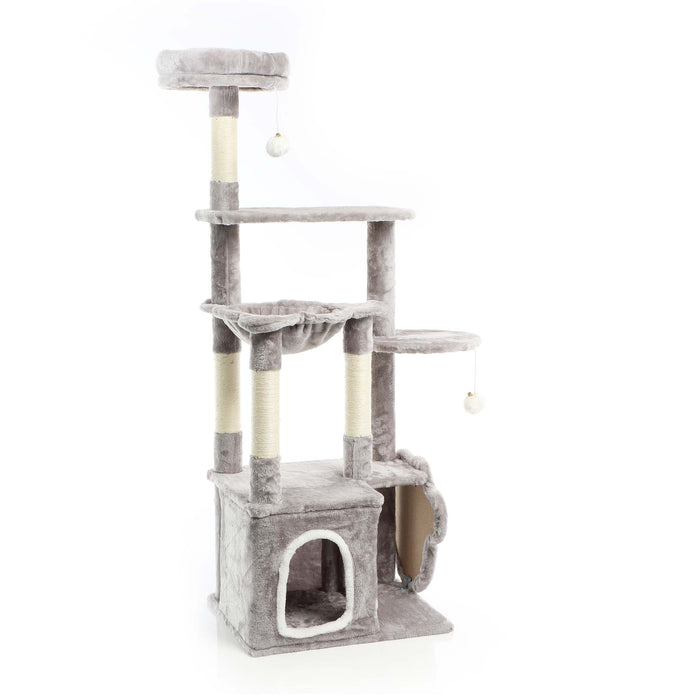 Fudajo Albero tiragraffi grigio con zampa 135cm Con sisal e casetta Cuccia per gatti Nicchia