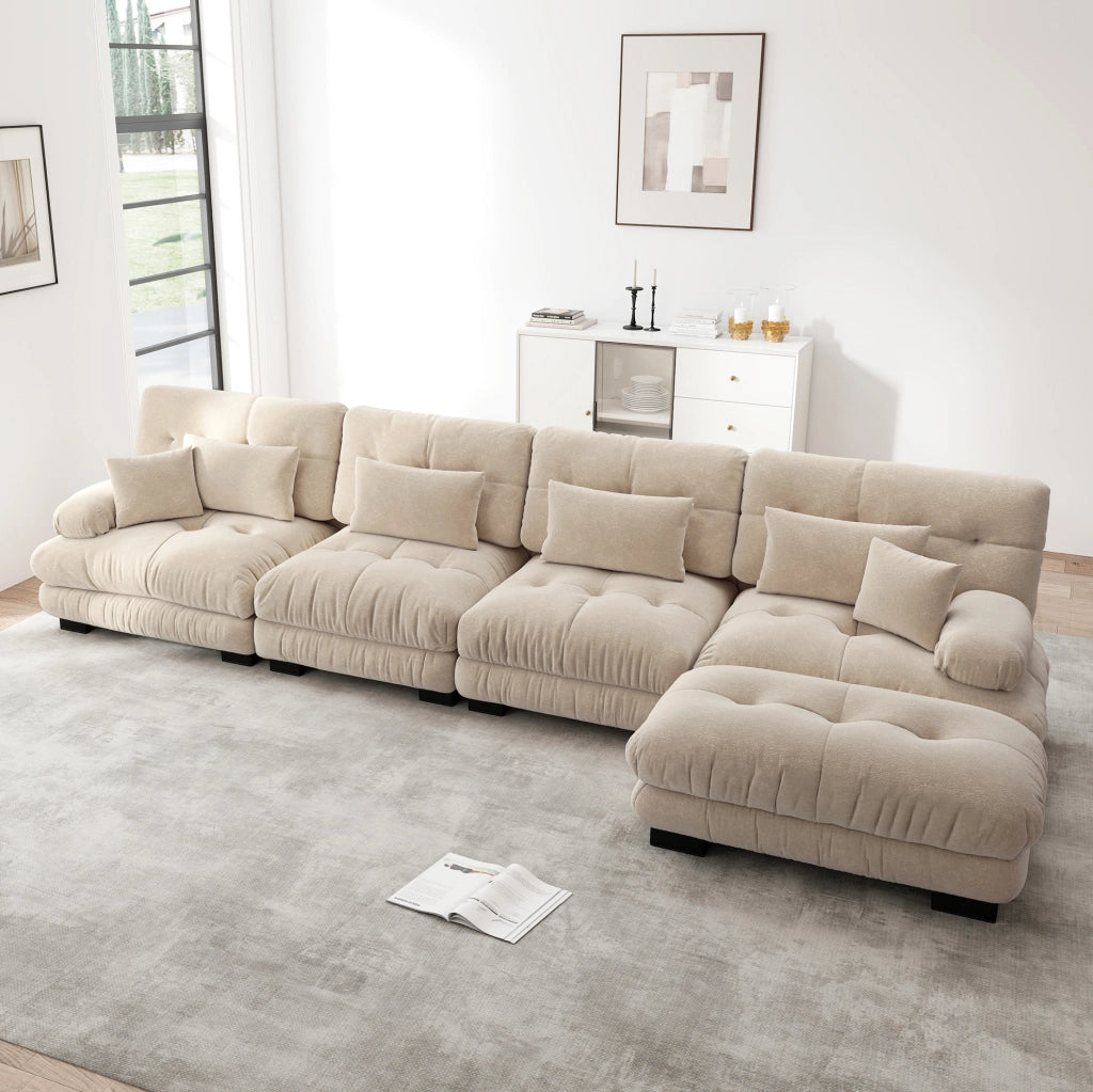 Divano Angolare Modulare in Chenille Vintage Marrone Chiaro con Poggiapiedi Mobili, 4 Posti
