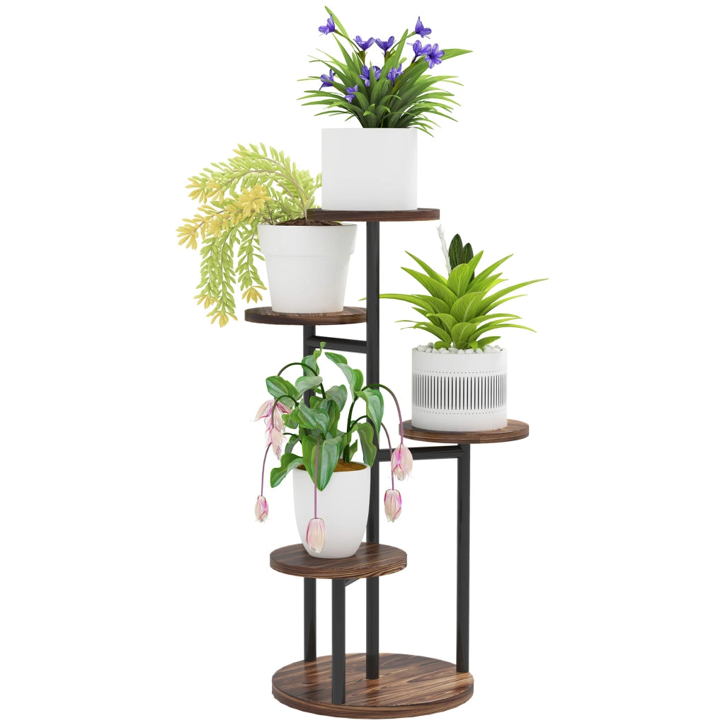 Supporto per Piante 5 Livelli con Ripiani Rotondi ¨C zephmum ¨C Legno e Acciaio Carbonizzato 43x43x70 cm