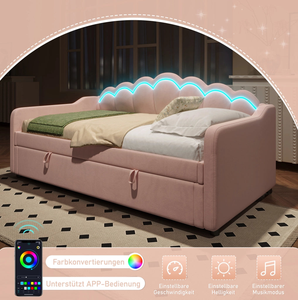 Letto singolo imbottito in velluto rosa con contenitore e LED
