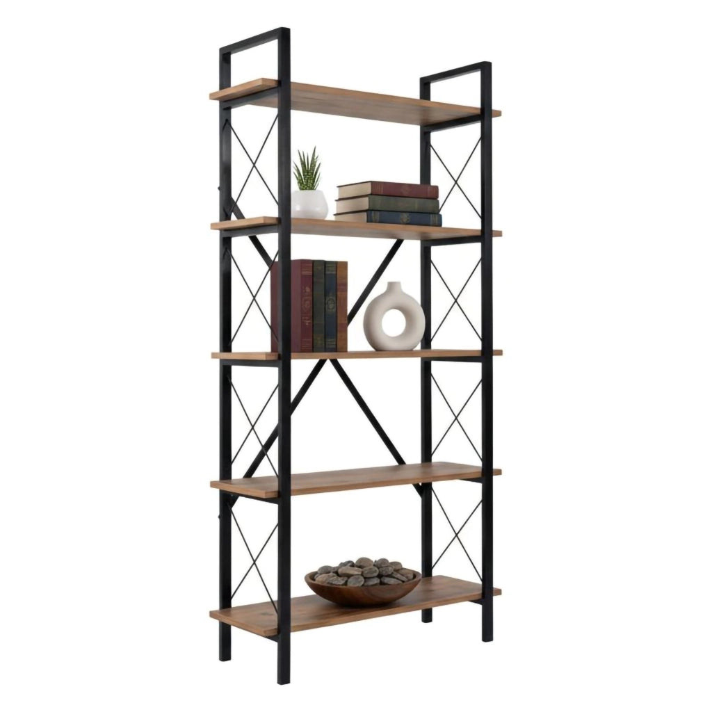 Libreria Suriel, Scaffale da ufficio, Mobile portalibri, Biblioteca, 90x34 h180 cm, Pino e Nero