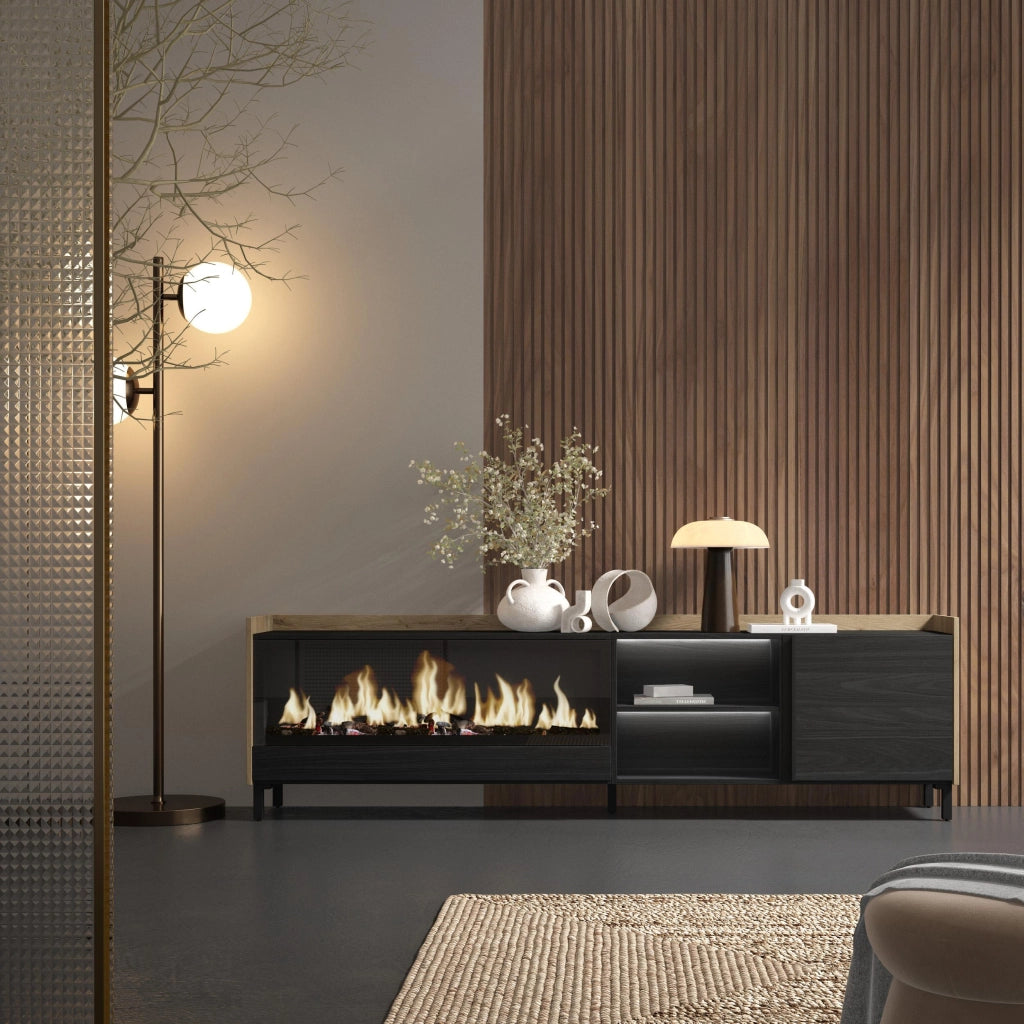 Mobile TV Soggiorno, 212x61x35 cm, Per TV fino a 80", Camino elettrico XXL, Design industriale, LED, Nero e rovere